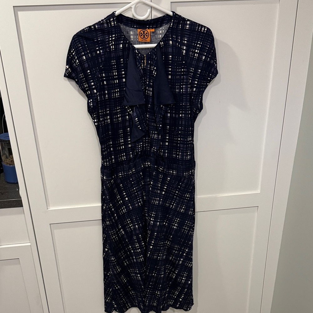 Tory Burch Navy and White Plaid Midi Dress